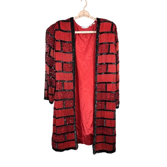 VTG Women 2X Bold Sequin Silk Red Black Beaded Geometric Retro 38" Long  Jacket - Picture 1 of 11